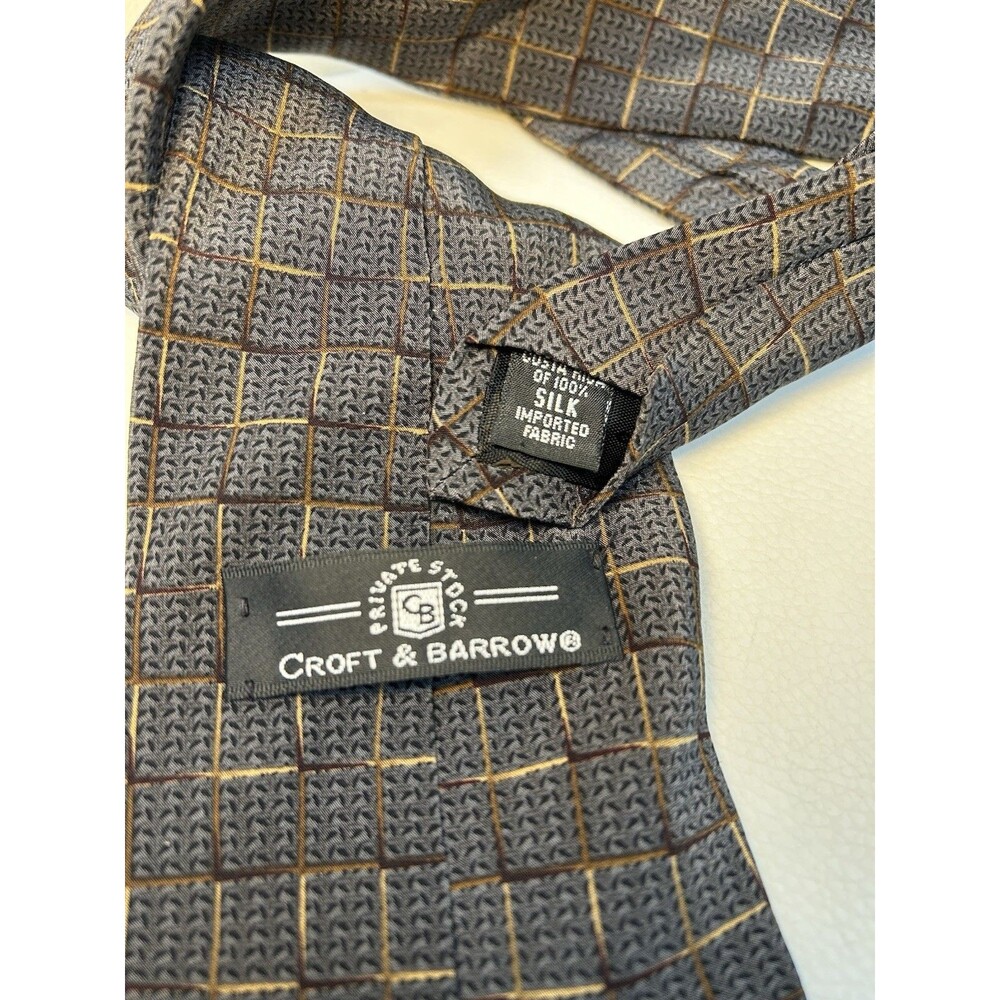 Vintage Croft & Barrow 100% Silk Woven Plaid Check Tie Gray Gold Brown Pointed